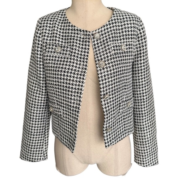 Alessandra Rich Cropped Embellished Sequin Houndstooth Jacket Black & White - Picture 4 of 17